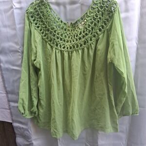 Umgee Green Blouse 1XL Crochet Detail Long Sleeve Bohemian Sheer Womens‎ Top